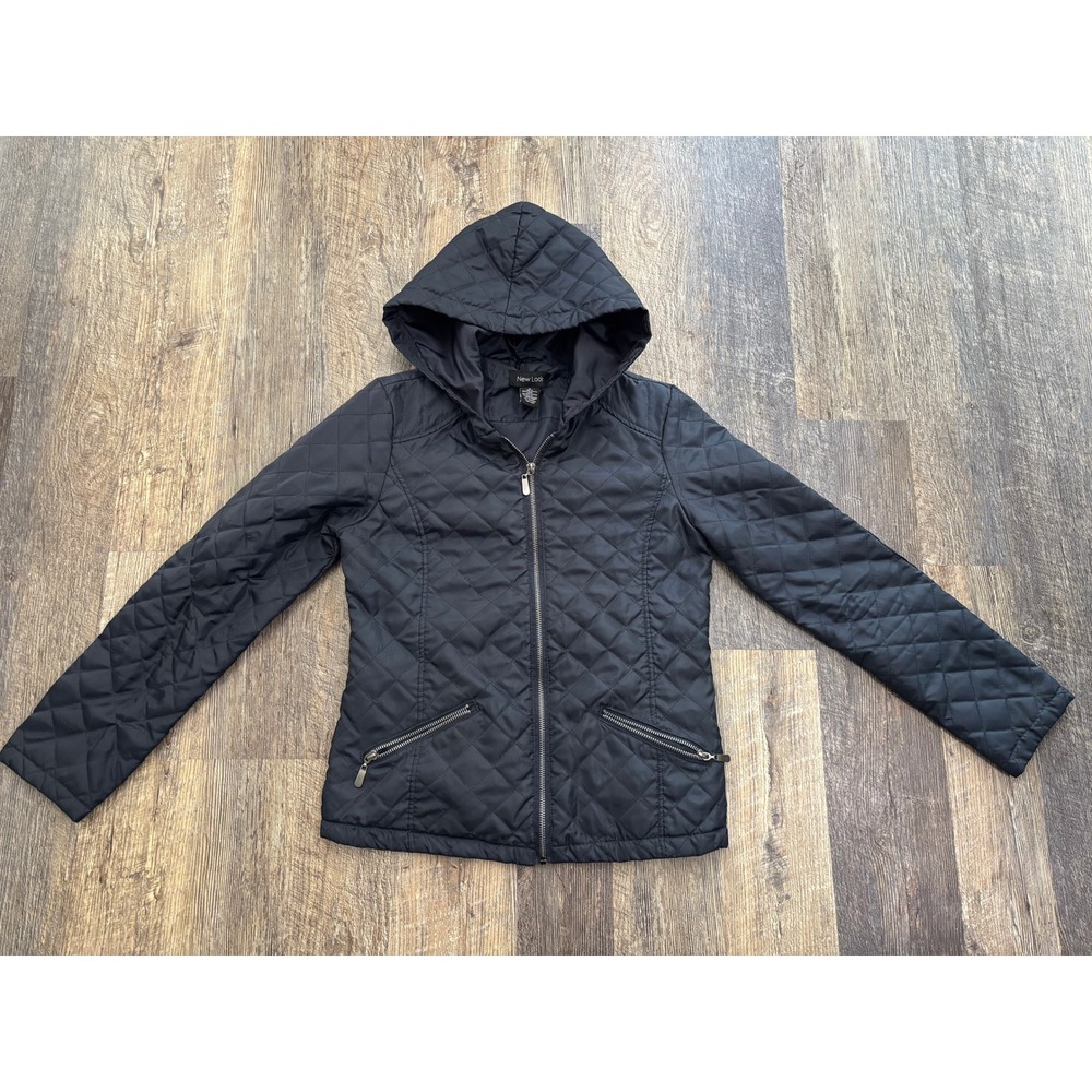New Look Womens Navy Quilted Hooded Puffer Jacket Zip Up Size Medium